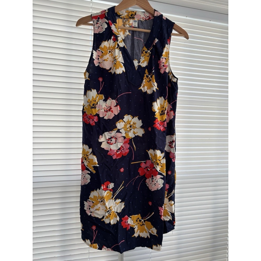 Old Navy Floral Sleeveless Shirt Dress M‎ Notched V Neck Navy Blue Knee Length